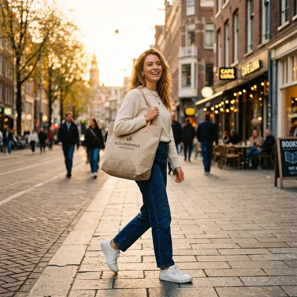 Modelo vestindo peça de roupa em ambiente urbano com luz de golden hour gerado com IA