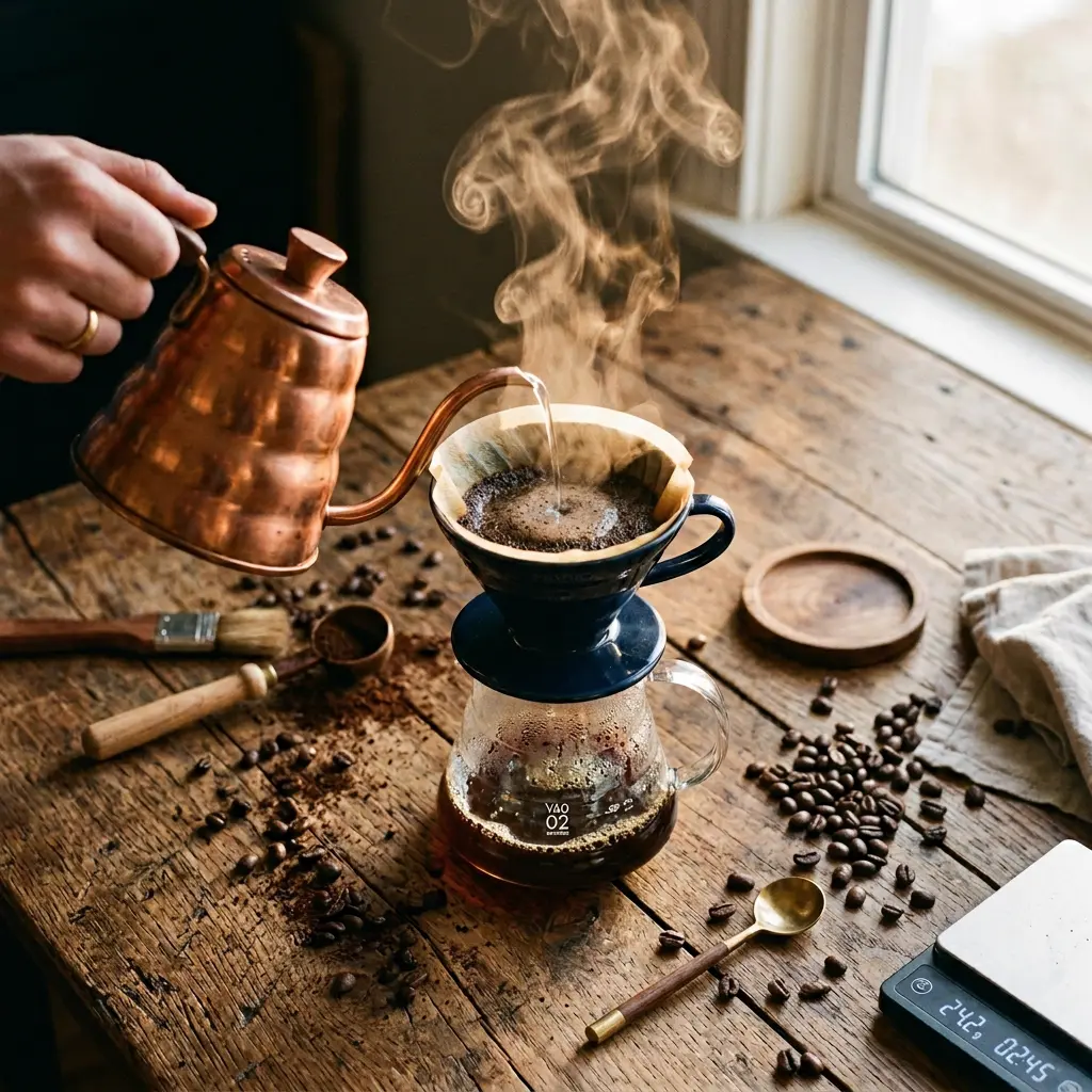 Xícara de café com vapor e ingredientes em mesa de madeira gerado com IA