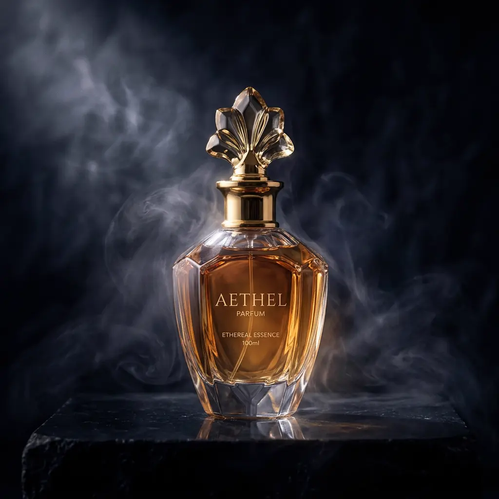 Frasco de perfume em fundo escuro com iluminação dramática gerado com IA