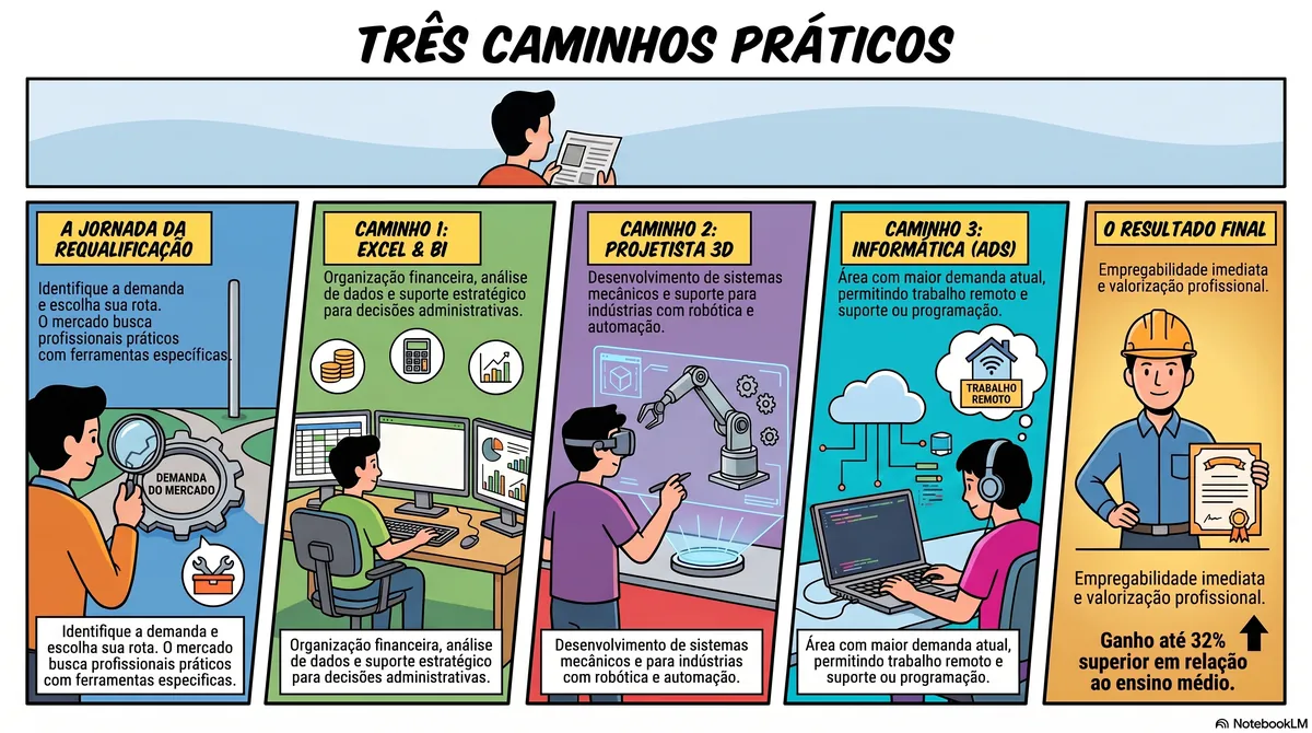 Três caminhos práticos de requalificação: Excel e BI, Projetista 3D e Informática