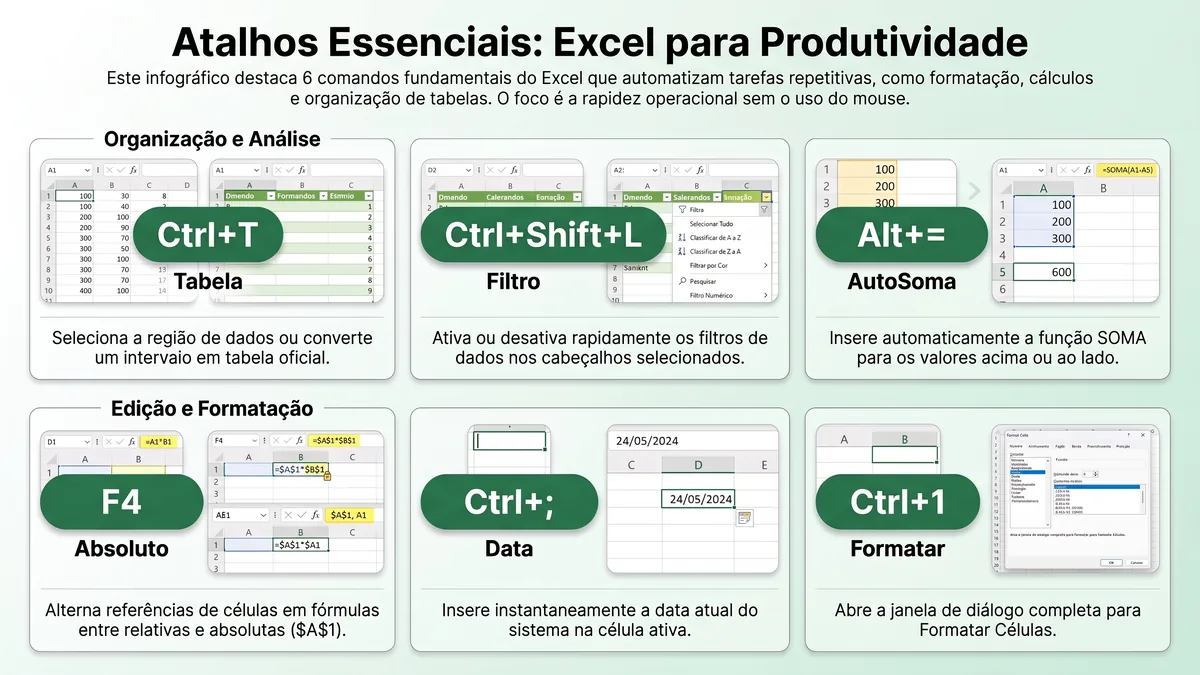 Checklist visual dos atalhos de Excel mais usados em produtividade e provas