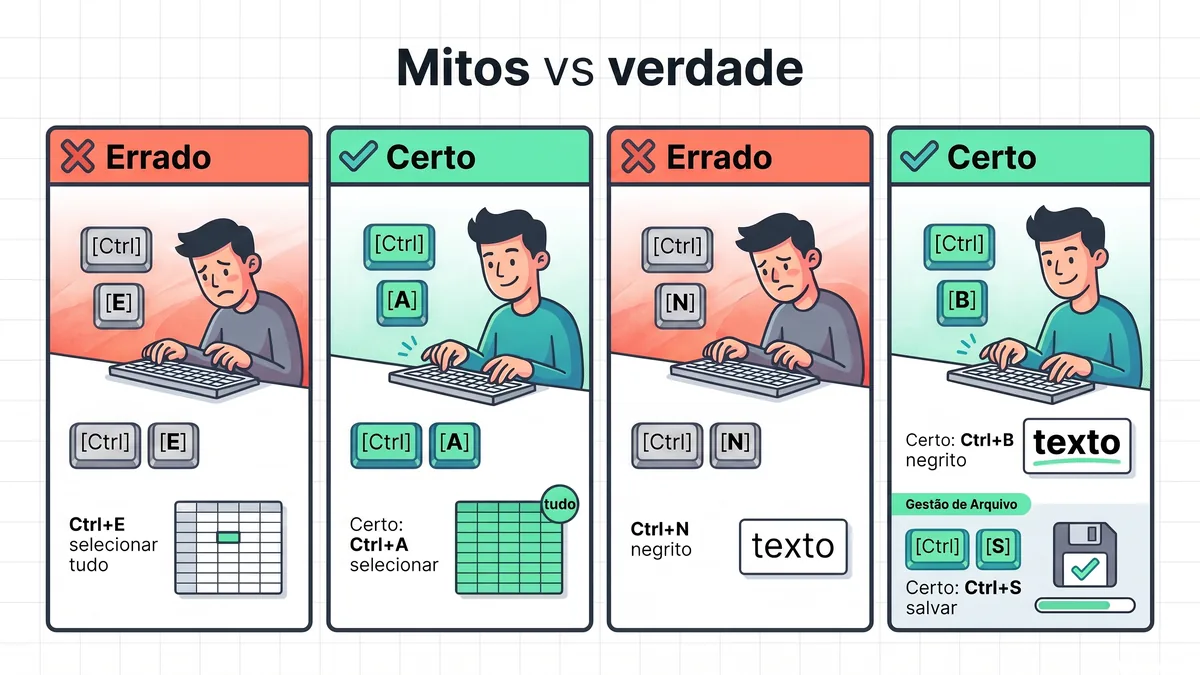 Comparativo de atalhos de Excel errados em listas virais versus atalhos corretos no Windows