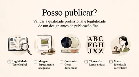 Checklist posso publicar: legibilidade, margem, contraste, tipografia e marca