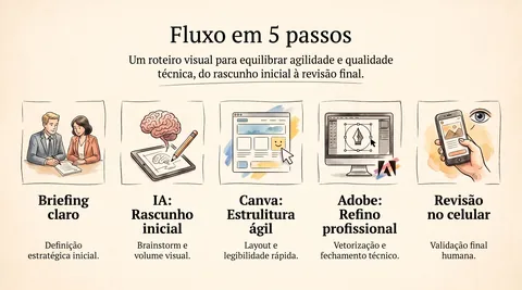 Fluxo em 5 passos: briefing, IA, Canva, Adobe e revisão no celular