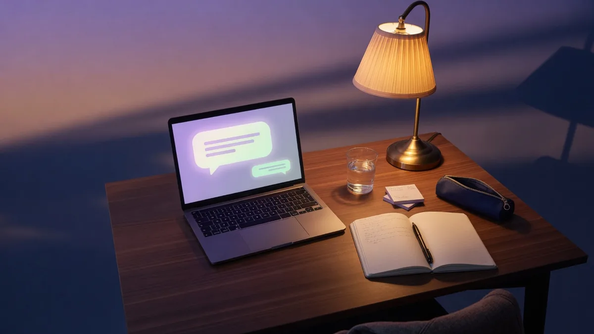 Mesa de estudo com laptop e balões de chat, capa do artigo sobre ChatGPT como tutor