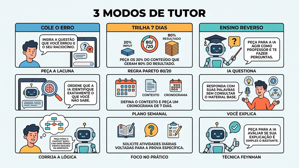 Três modos de usar o ChatGPT como tutor: erro simulado, trilha de sete dias e ensino reverso
