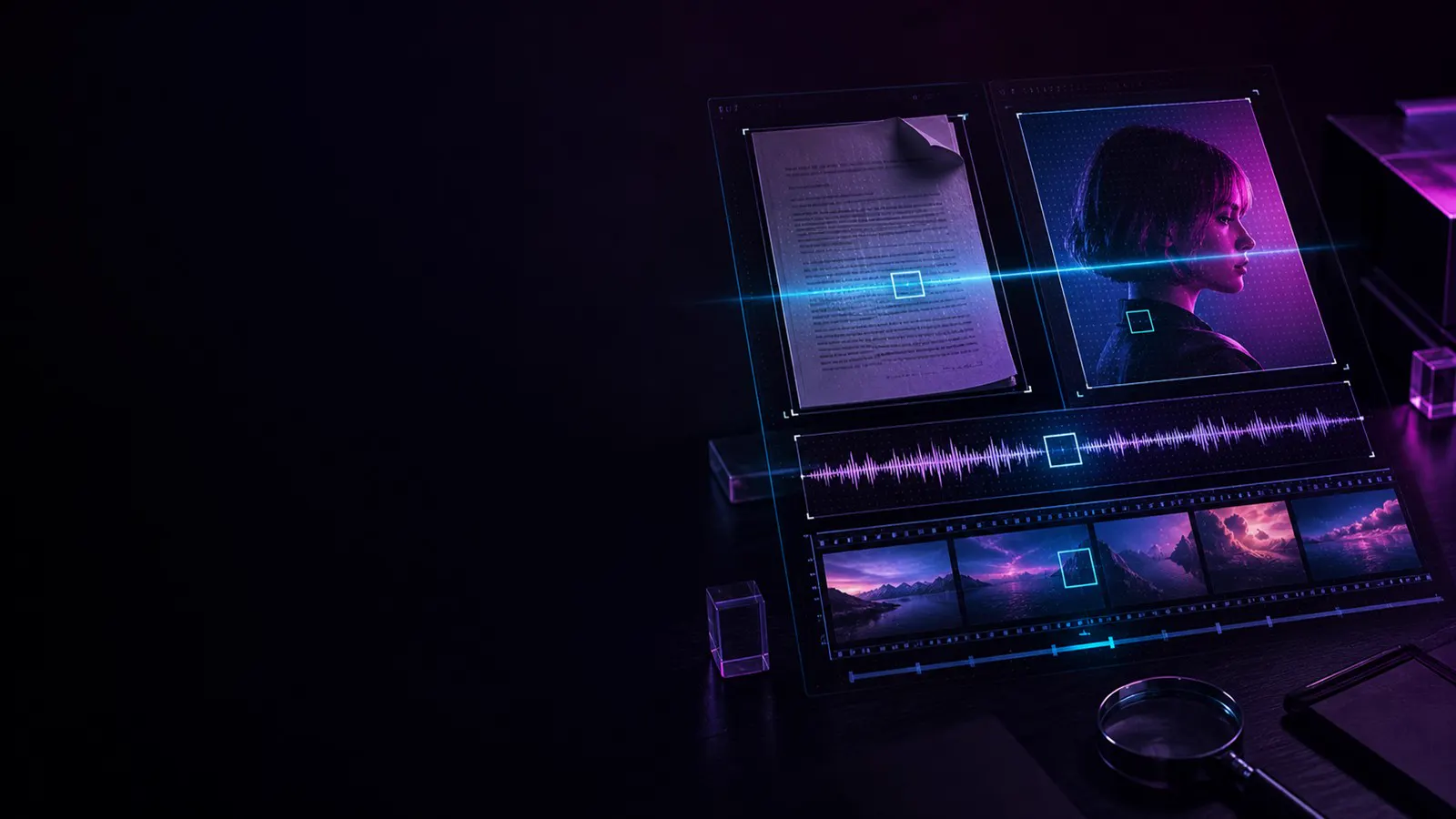 Interface forense analisando texto, imagem, áudio e vídeo gerados por inteligência artificial