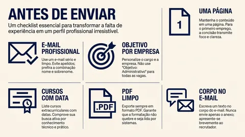 Checklist antes de enviar o currículo: e-mail, objetivo, uma página, cursos e PDF