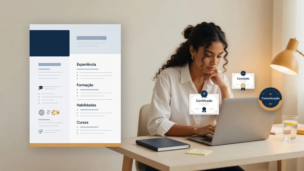 Jovem preparando currículo de primeiro emprego no notebook com cursos e habilidades em destaque