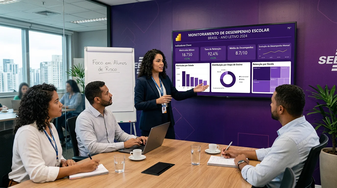 Aluno em aula presencial de Business Intelligence criando dashboard com Excel e Power BI no Kobrasol, São José