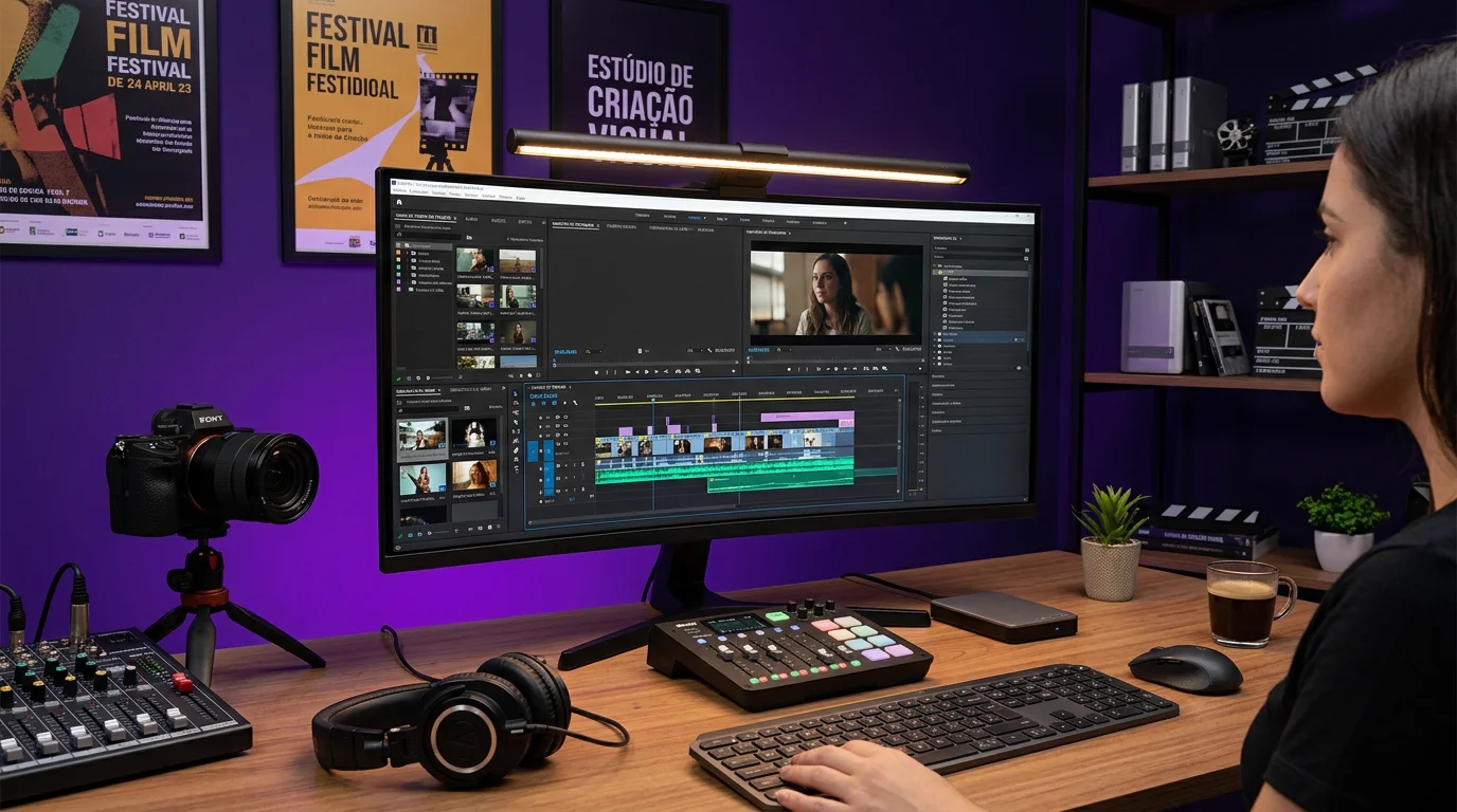 Laboratório de edição de vídeo da Escola Habilidade em São José SC com alunos editando no Adobe Premiere Pro