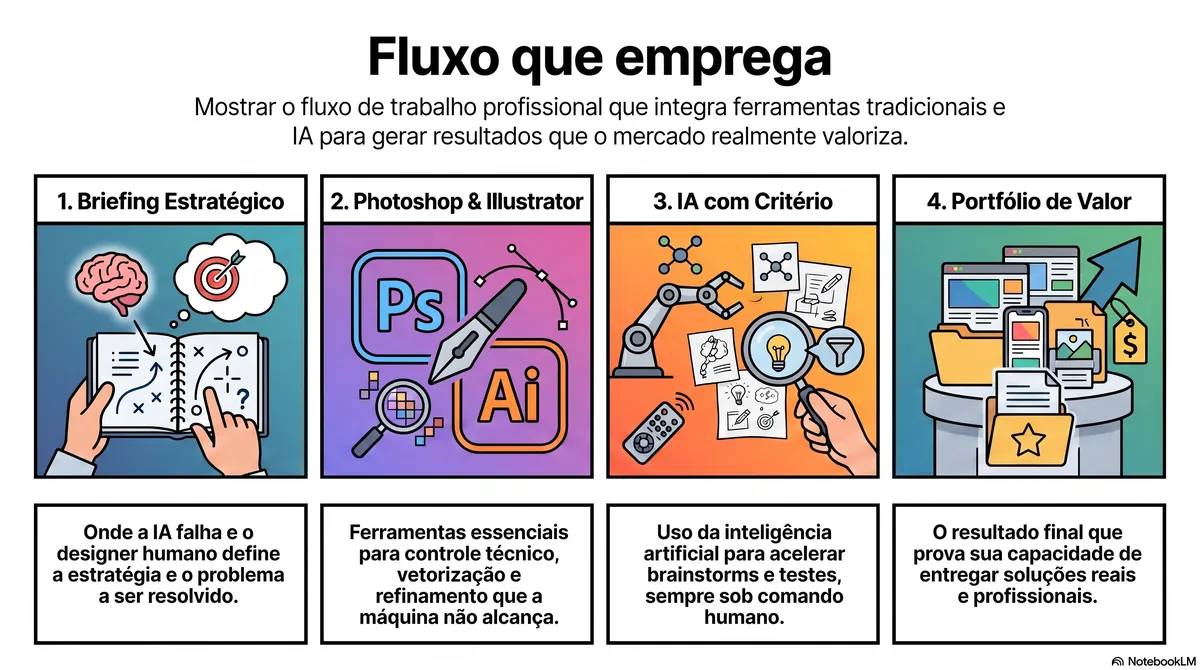 Fluxo de trabalho que emprega: briefing, software, IA com critério e portfólio