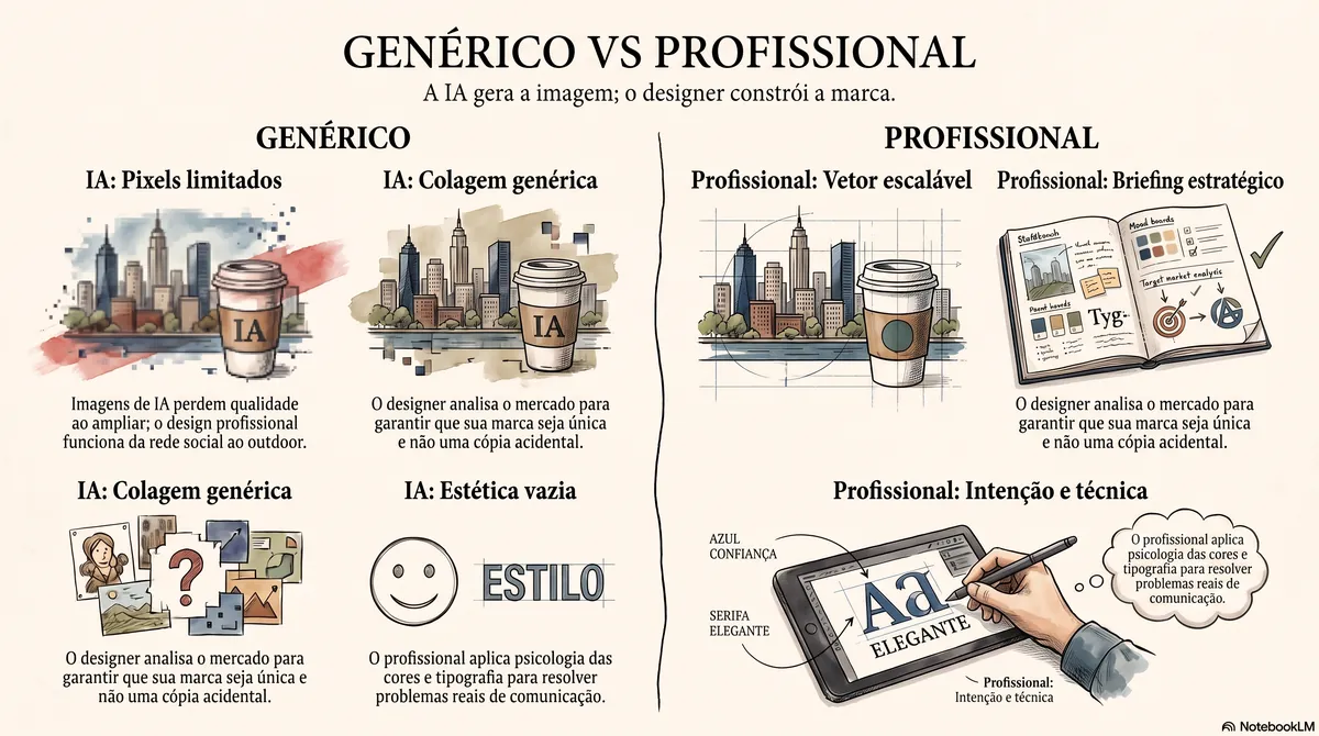 Comparativo visual entre arte genérica de IA e entrega profissional de design