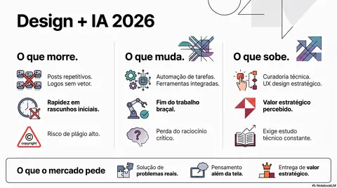 Infográfico Design e IA 2026: arte genérica, processo com software e IA com critério