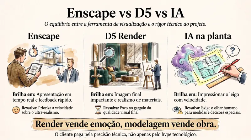 Enscape vs D5 Render em 2026: o que o projetista precisa saber