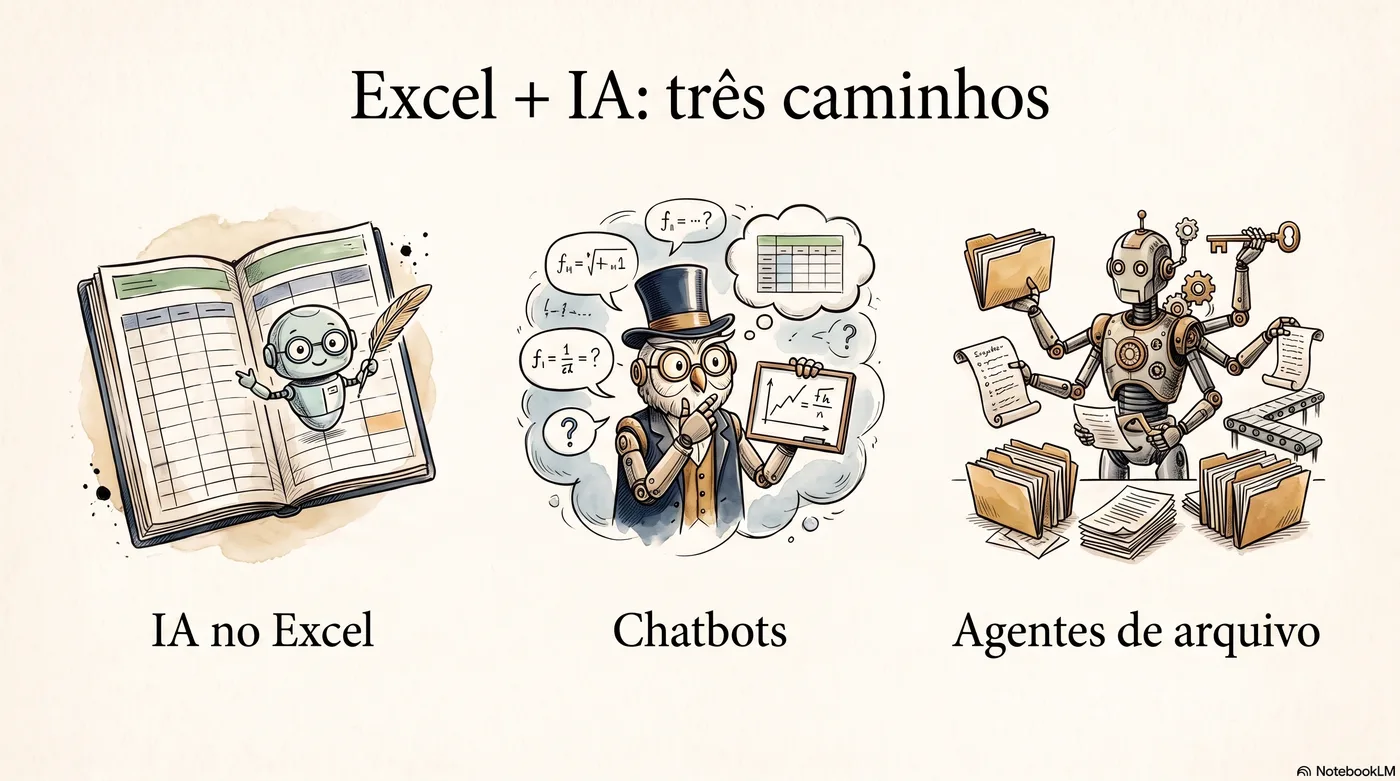 Comparativo visual entre IA no Excel, chatbots e agentes de arquivo para planilhas