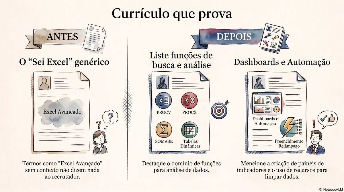 Comparativo de currículo genérico versus currículo que prova habilidades de Excel