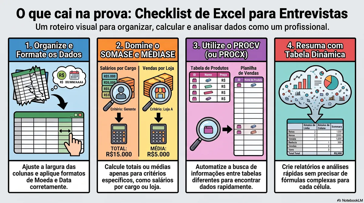 Checklist do que cai na prova de Excel: formatação, SOMASE, PROCV e tabela dinâmica