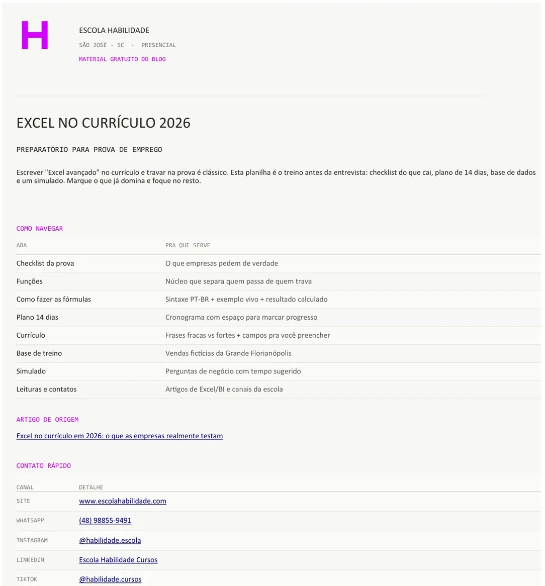 Capa da planilha preparatória Excel no currículo 2026 da Escola Habilidade