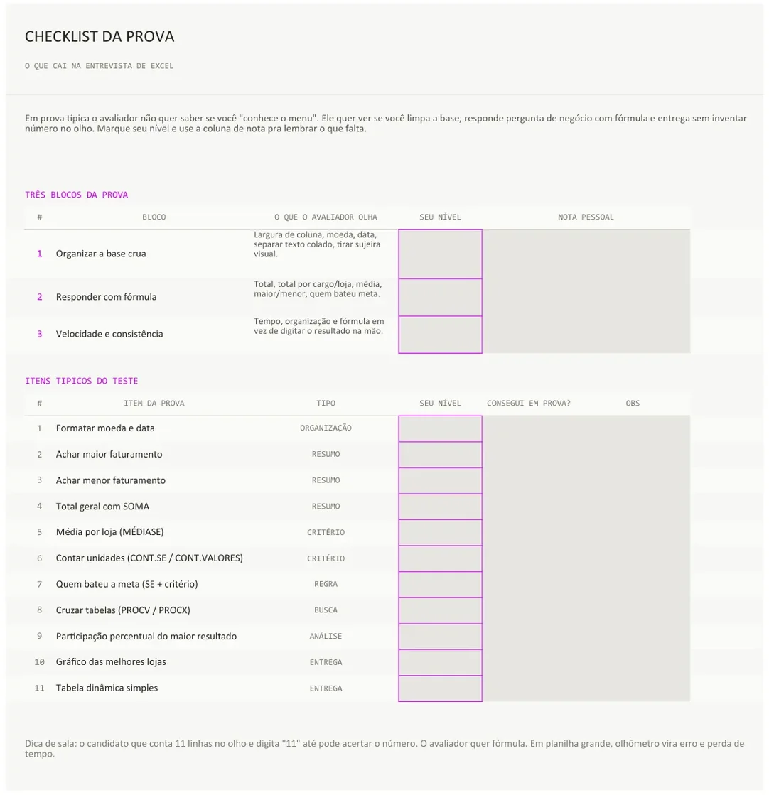 Checklist da prova de Excel na planilha preparatória da Escola Habilidade