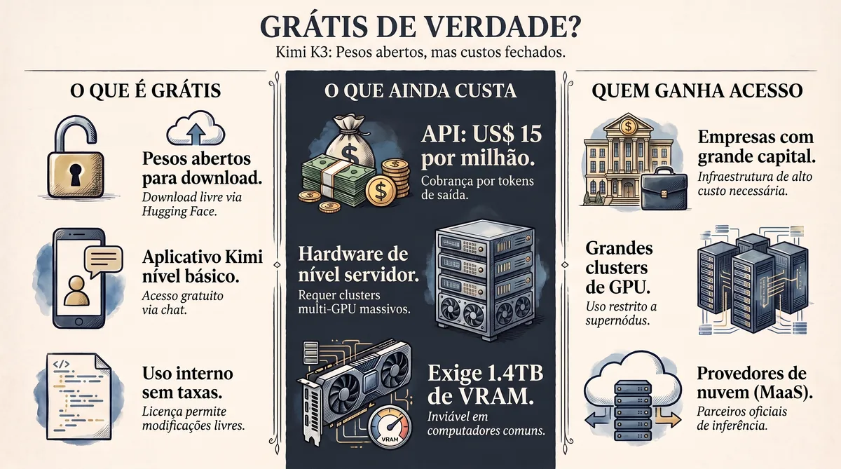 Infográfico: o que é grátis, o que ainda custa e quem realmente ganha acesso com Kimi K3