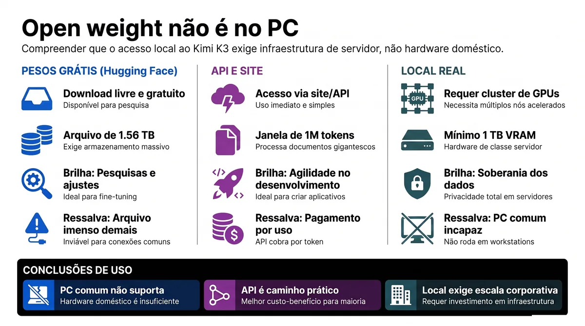 Infográfico: pesos grátis, API e o que significa rodar Kimi K3 de verdade