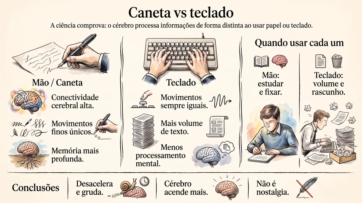 Comparativo visual entre escrever à mão e digitar: conectividade cerebral, movimento por letra e quando usar cada um