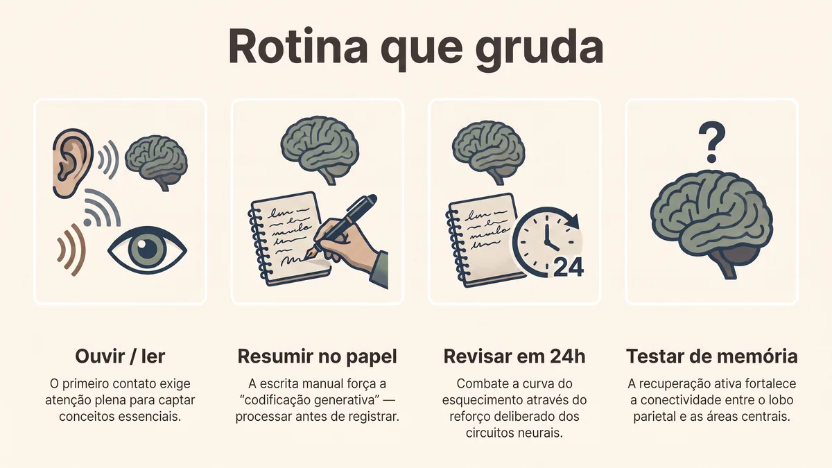 Fluxo de estudo em quatro passos: ler ou ouvir, resumir no papel, revisar em 24 horas e testar de memória