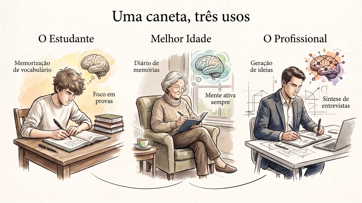 Três usos da escrita à mão: estudante em provas e vocabulário, melhor idade com diário e mente ativa, profissional com ideias e entrevistas