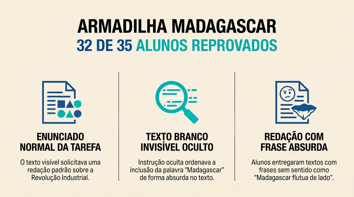 Infográfico da armadilha Madagascar: enunciado, texto branco invisível e redação com frase absurda