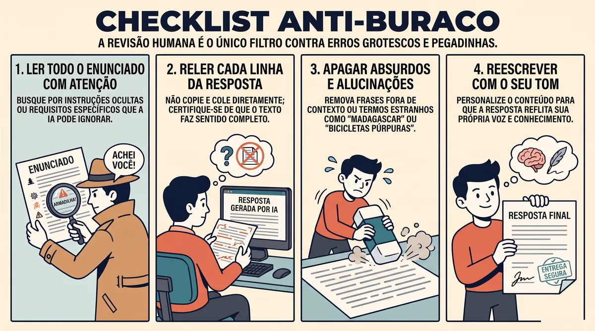Checklist anti-buraco: ler enunciado, reler resposta, apagar absurdo e reescrever no próprio tom