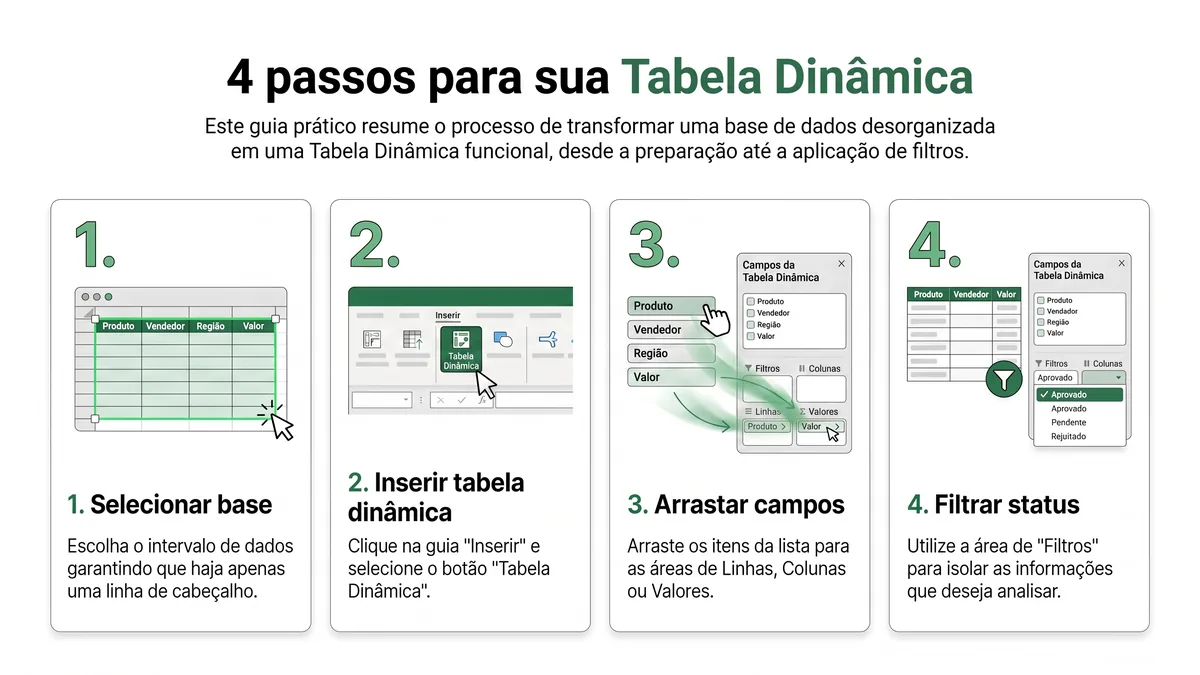 Quatro passos para criar tabela dinâmica no Excel: selecionar, inserir, arrastar campos e filtrar