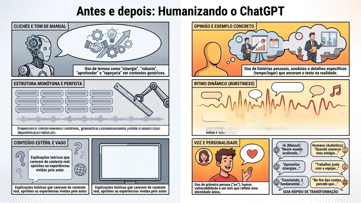 Antes e depois de texto com tom de inteligência artificial versus voz humana