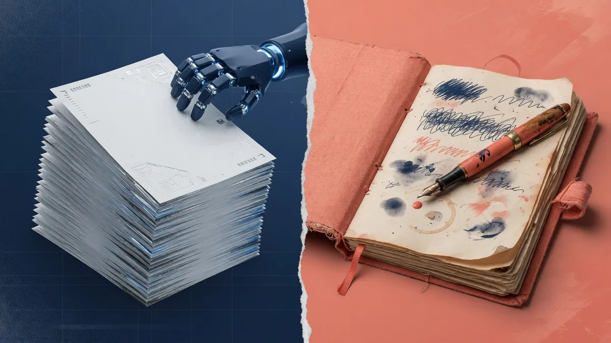 Contraste visual entre texto de máquina e escrita humana