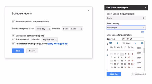 Interface de agendamento de relatórios mostrando opções para executar relatórios automaticamente