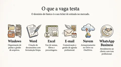 O que a vaga testa: Windows, Word, Excel, e-mail e nuvem