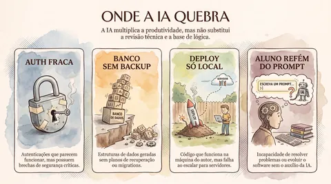 Onde a IA quebra: auth, banco, deploy e dependência de prompt