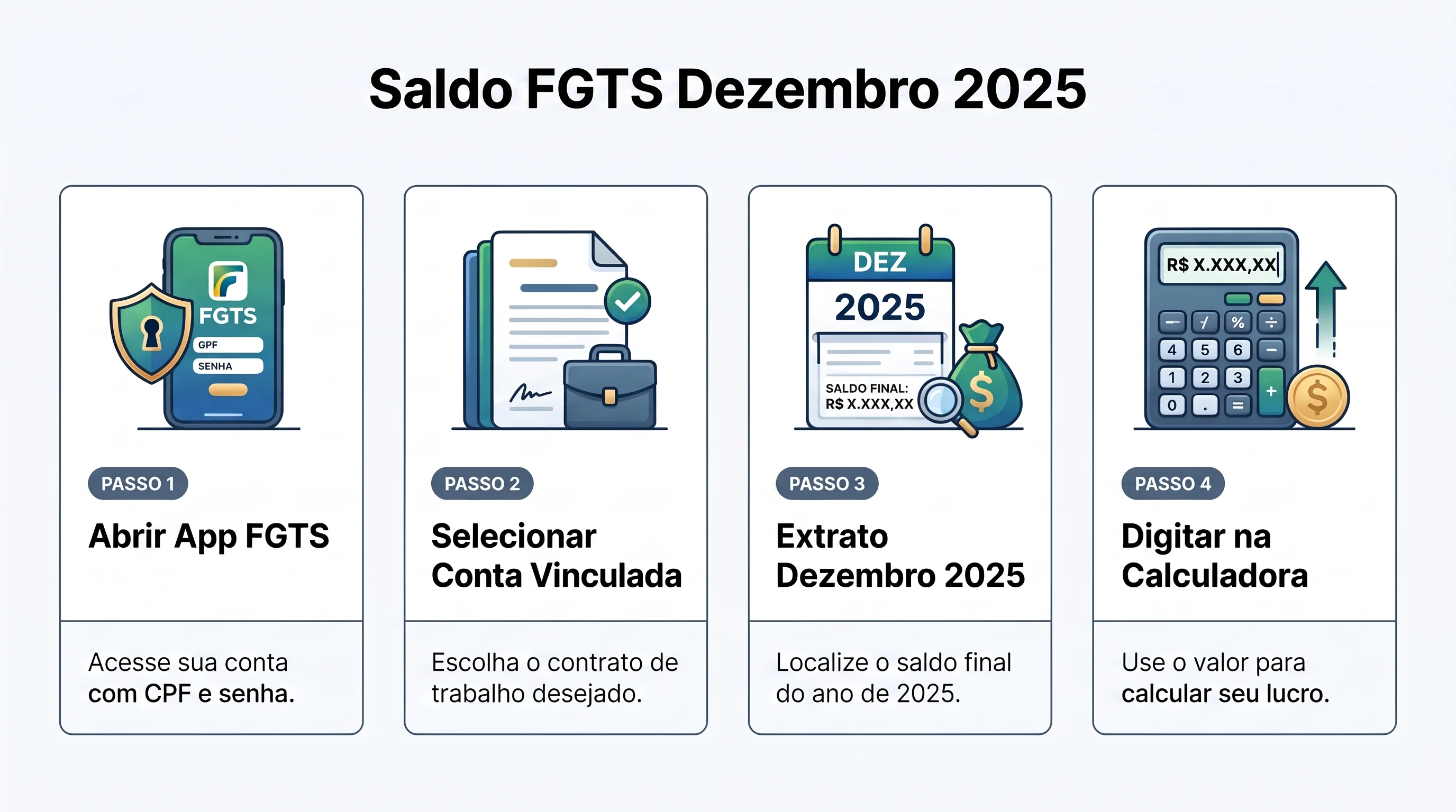 Infográfico com o fluxo para localizar o saldo de 31 de dezembro de 2025 no app FGTS