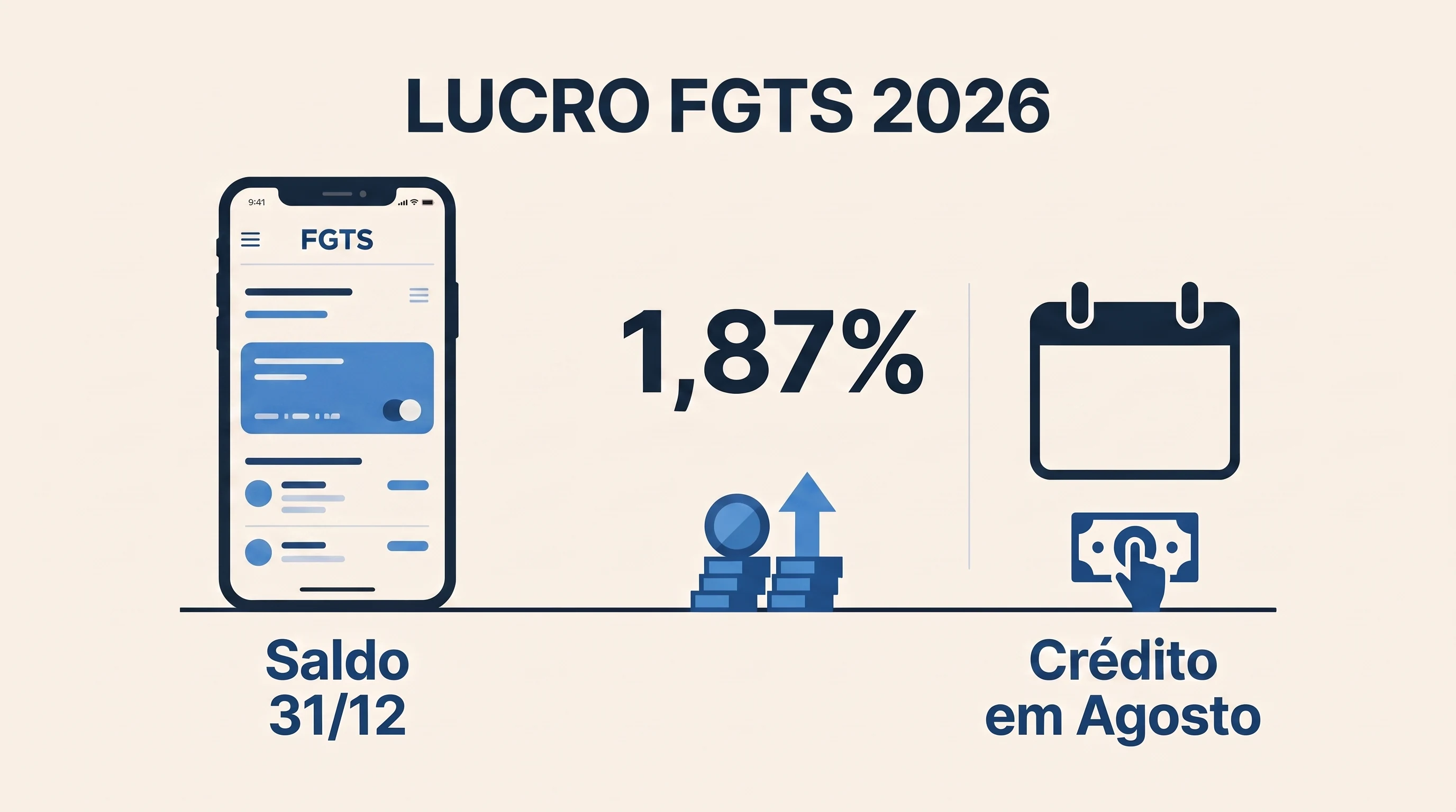 Infográfico Lucro FGTS 2026: saldo em 31/12, índice de cerca de 1,87% e crédito em agosto