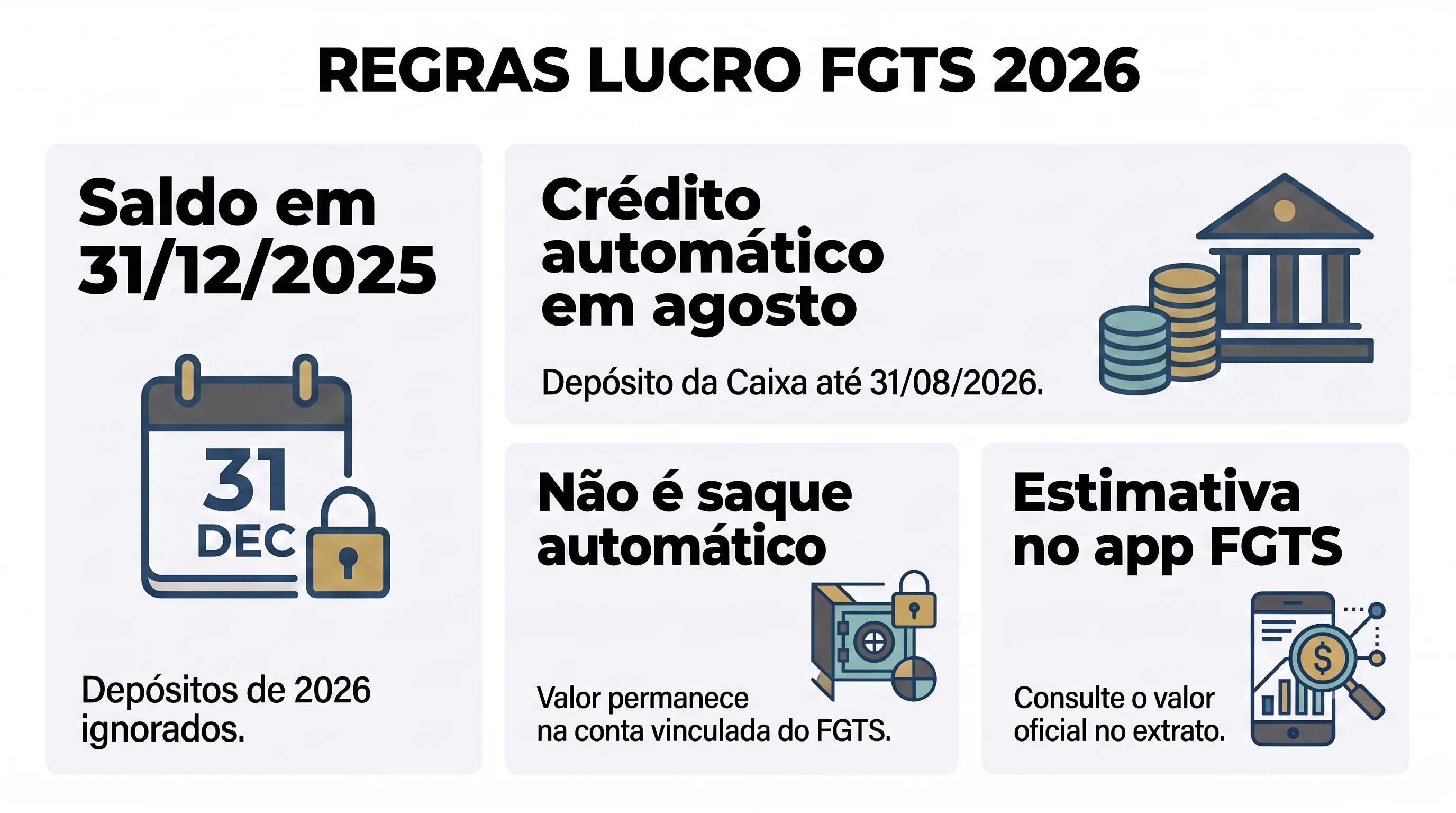 Infográfico com as regras do lucro do FGTS: data-base 31/12/2025, crédito automático, não é saque e valor oficial no app