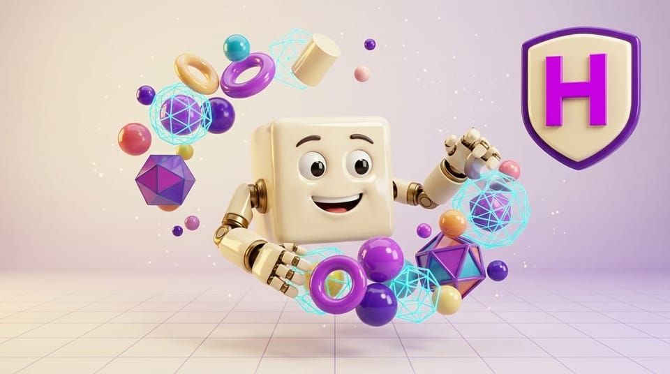 Mascote cubo simpático construindo uma cena 3D com malhas de polígono e luzes no Curso de 3DS Max da Escola Habilidade