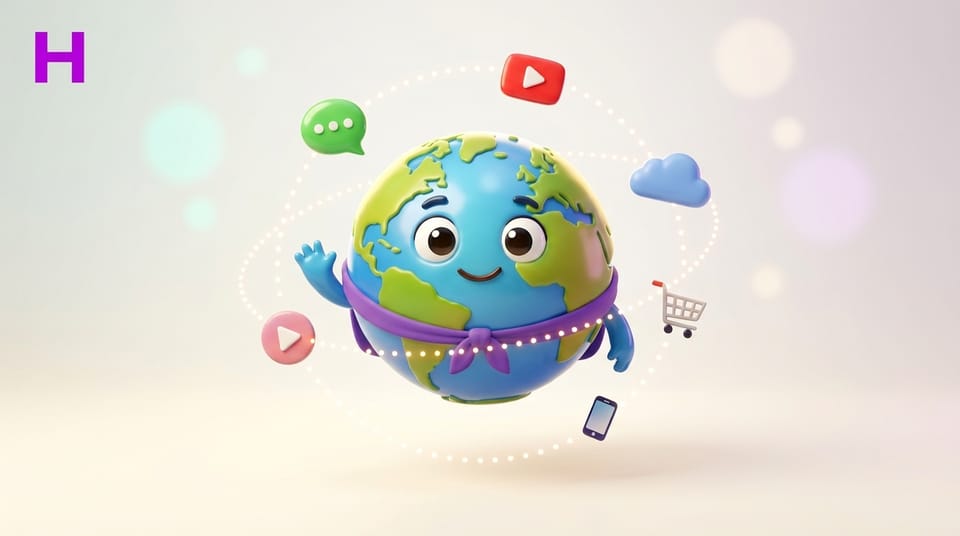 Personagem navegando entre plataformas digitais como internet, redes sociais e nuvem representando o Curso de Ambientes Digitais na Escola Habilidade