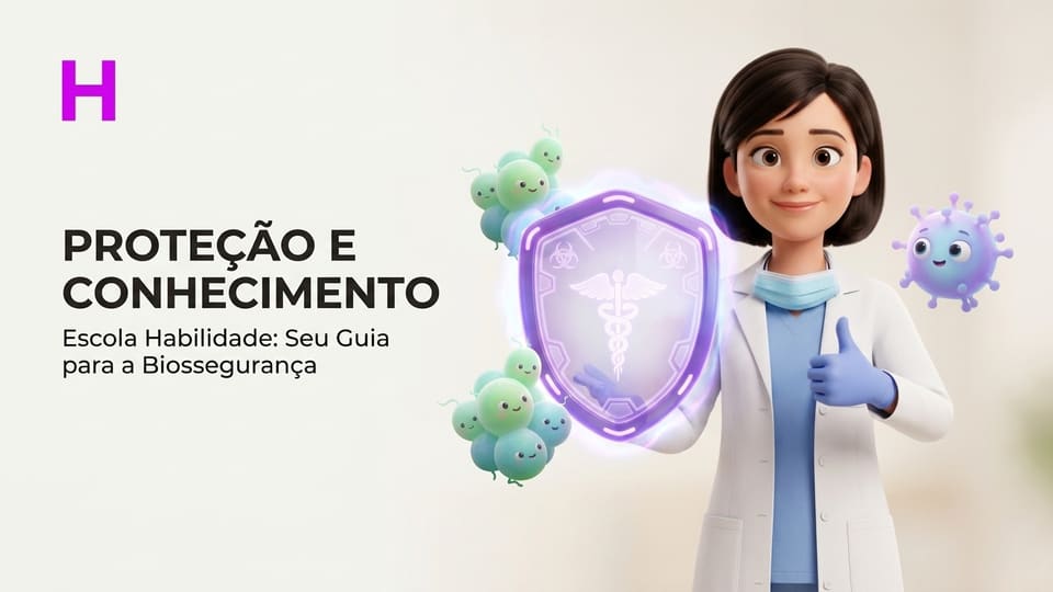 Profissional de biossegurança com jaleco e luvas ao lado de escudo de proteção e micro-organismos estilizados, símbolo do Curso de Biossegurança da Escola Habilidade