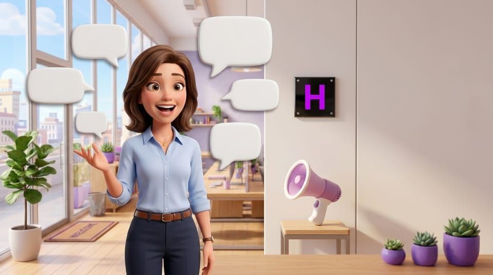 Profissional comunicando-se com clareza junto a balões de diálogo e megafone, símbolo do Curso de Comunicação Profissional da Escola Habilidade