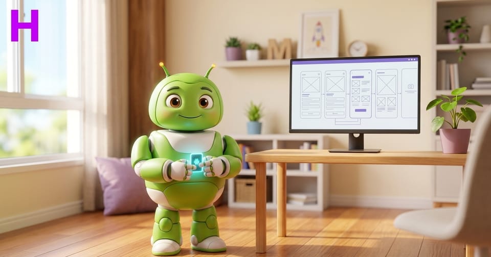 Mascote robô Android simpático com celular no Curso de Desenvolvimento de App Android da Escola Habilidade