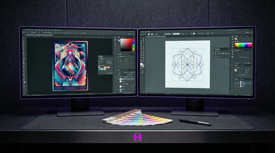 Mesa de design com dois monitores mostrando Photoshop e Illustrator, paleta de cores e ferramentas no Curso de Design Gráfico da Escola Habilidade