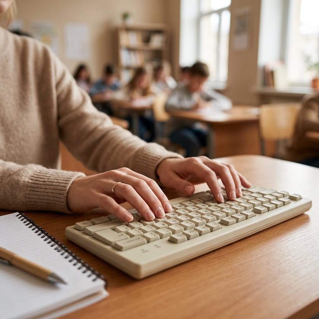 Mãos digitando em teclado durante aula do Curso de Digitação na Escola Habilidade