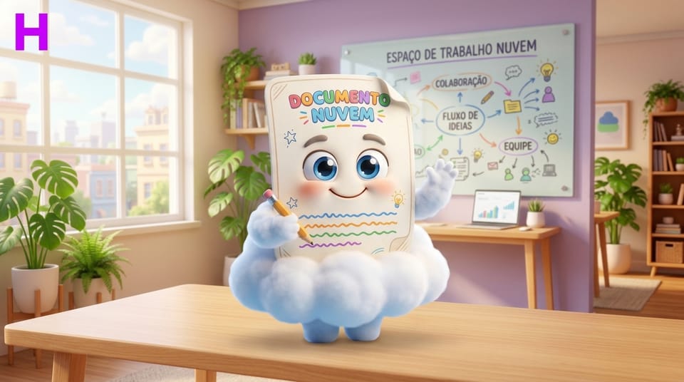 Mascote documento na nuvem simpático do Curso de Documentos Google da Escola Habilidade