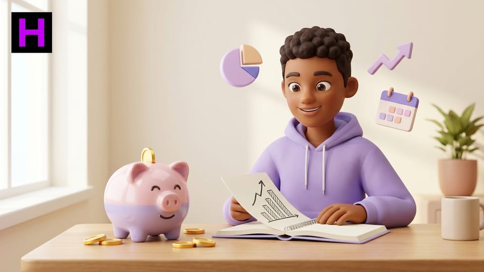 Jovem planejador financeiro sorrindo junto a um cofrinho estilizado, gráficos e moedas, símbolo do Curso de Educação Financeira da Escola Habilidade