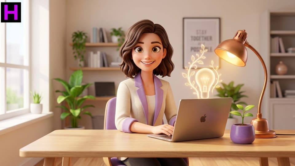 Empreendedora trabalhando em laptop com luminária de ideias durante o Curso de Empreendedorismo da Escola Habilidade